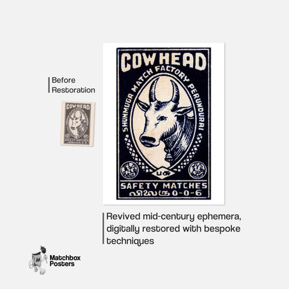 Cow Head - vintage matchbox label print - framed wall art preview