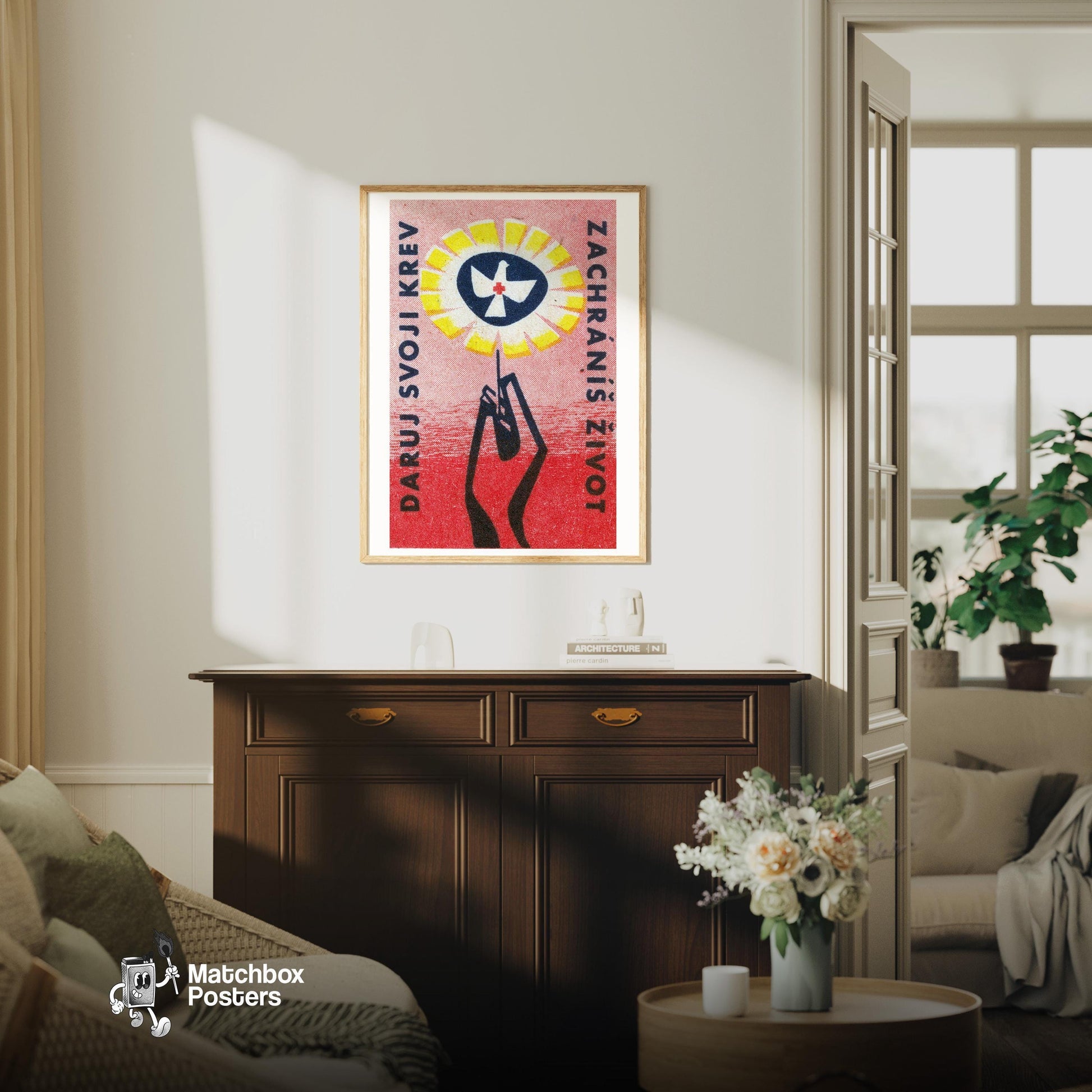 Hand Holding Flower Dove of Peace - vintage matchbox label print - living room mockup
