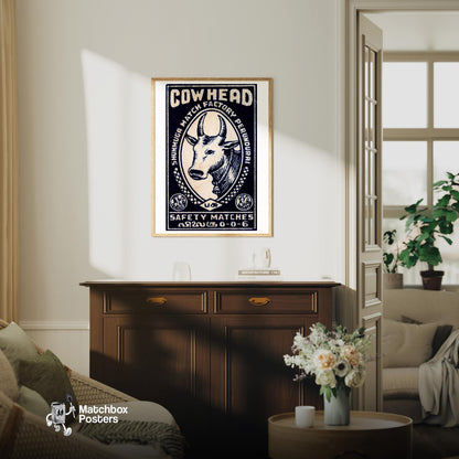 Cow Head - vintage matchbox label print - living room mockup