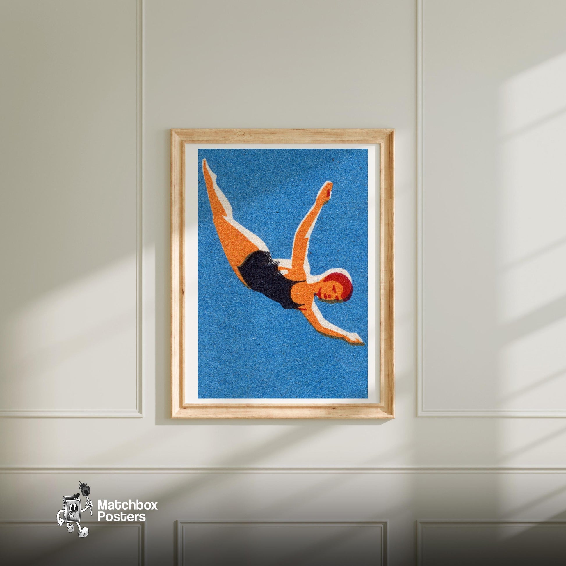 Diving Woman - vintage matchbox label print - bedroom mockup