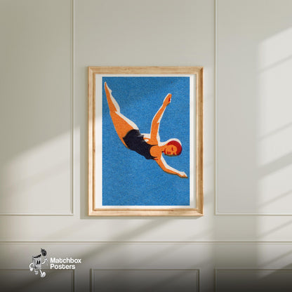 Diving Woman - vintage matchbox label print - bedroom mockup