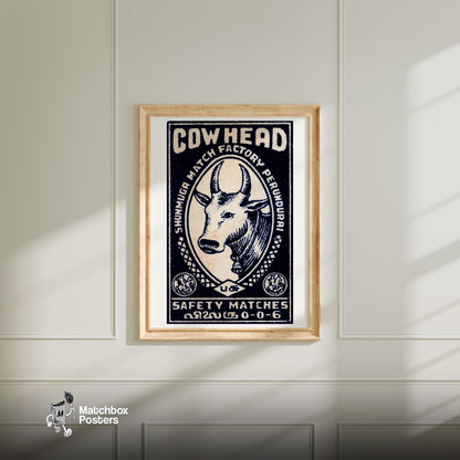 Cow Head - vintage matchbox label print - bedroom mockup