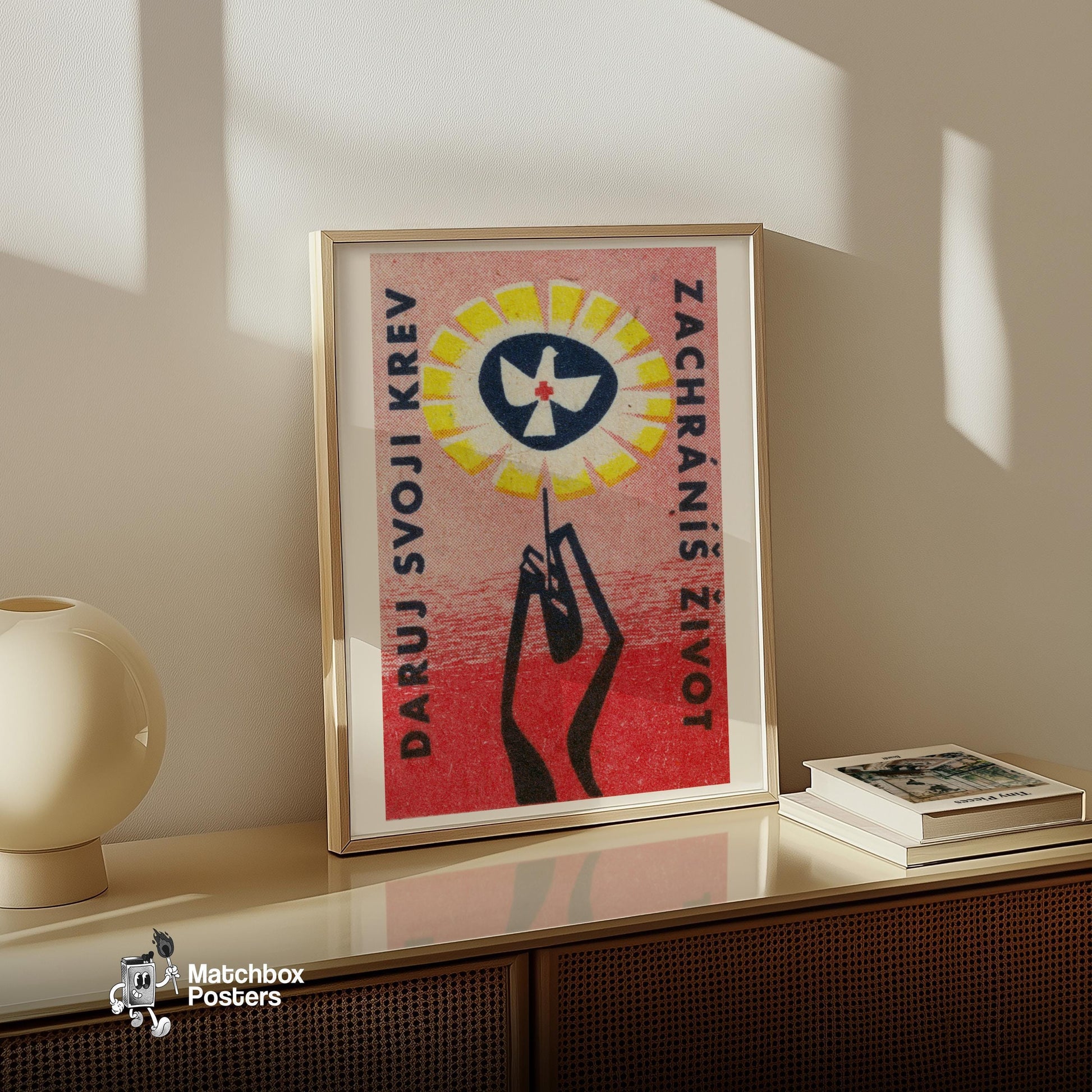 Hand Holding Flower Dove of Peace - vintage matchbox label print - size comparison