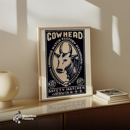 Cow Head - vintage matchbox label print - size comparison