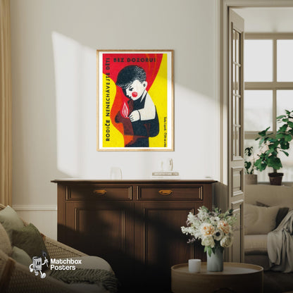 Boy with Matches - vintage matchbox label print - living room mockup
