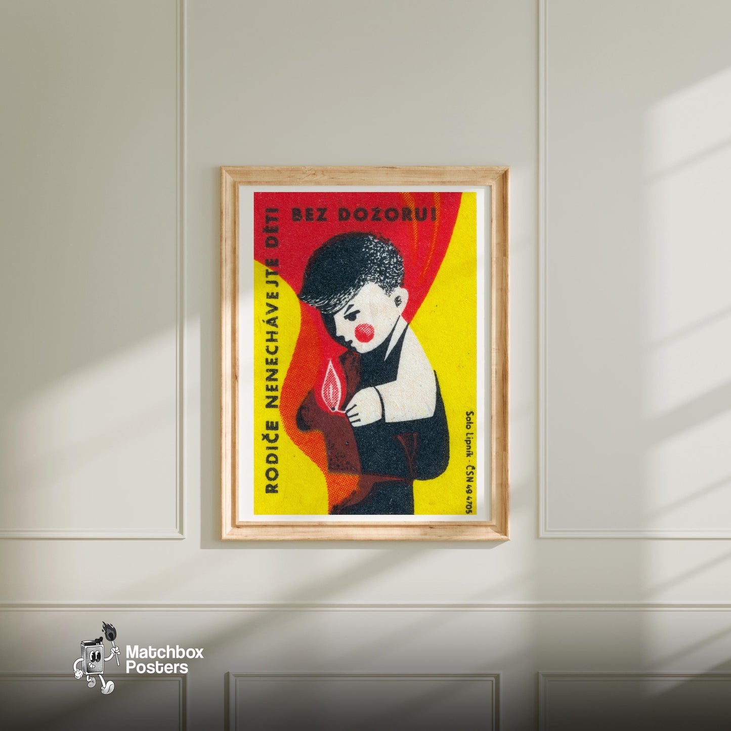 Boy with Matches - vintage matchbox label print - bedroom mockup