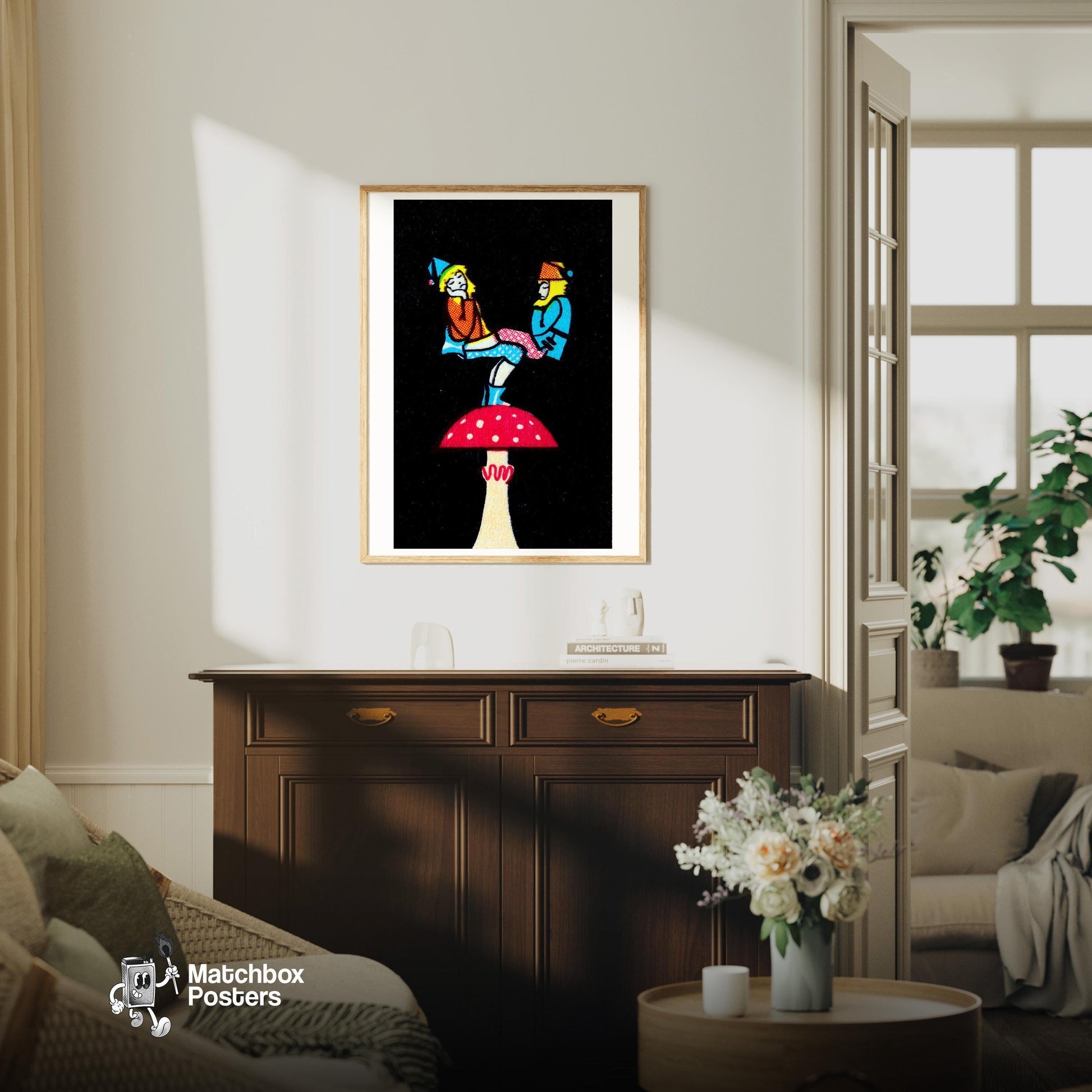 Balancing Gnomes - vintage matchbox label print - living room mockup