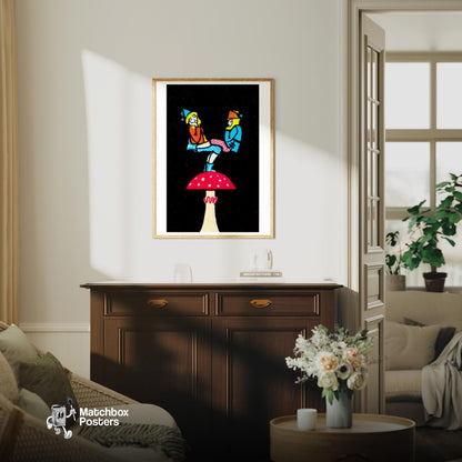 Balancing Gnomes - vintage matchbox label print - living room mockup