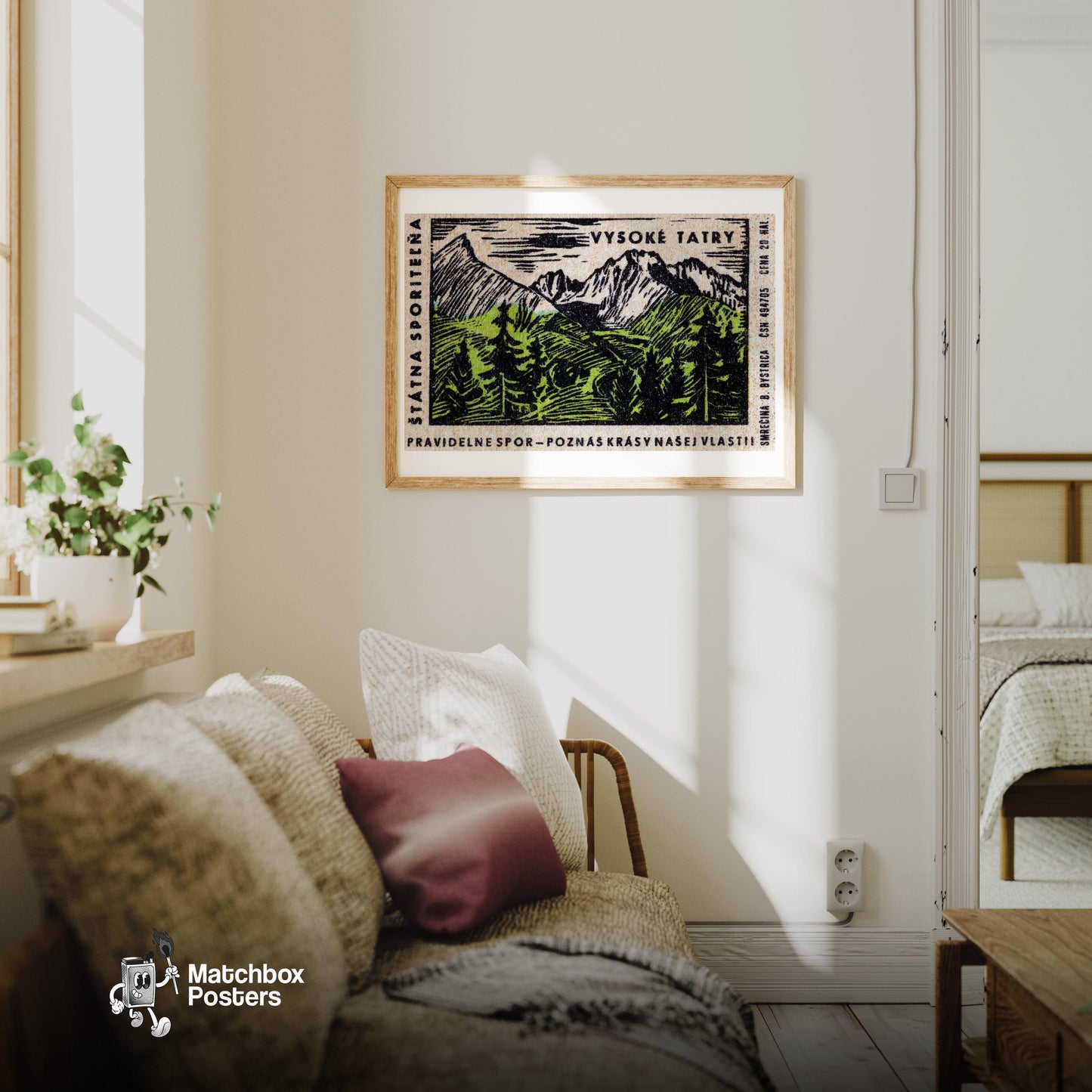 Mountain Range - vintage matchbox label print - living room mockup