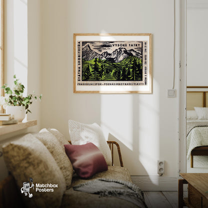 Mountain Range - vintage matchbox label print - living room mockup