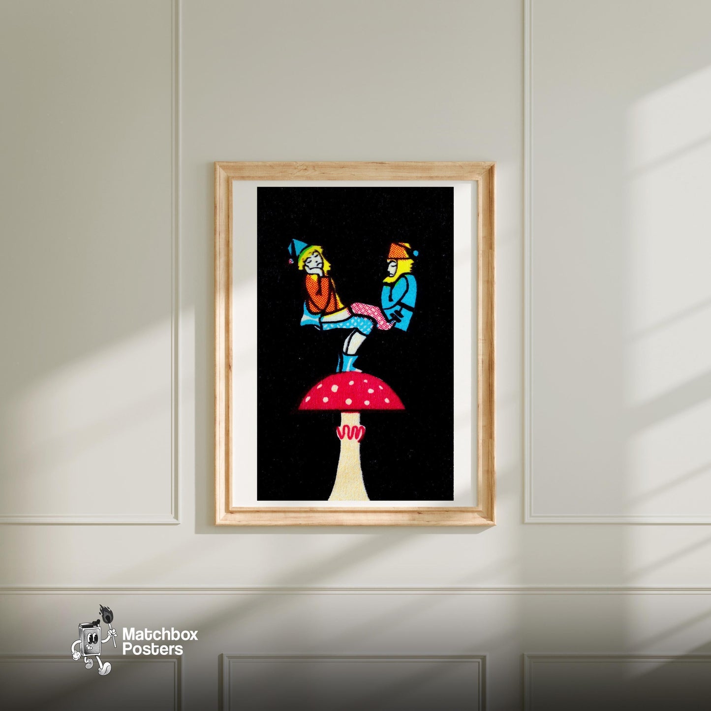 Balancing Gnomes - vintage matchbox label print - bedroom mockup