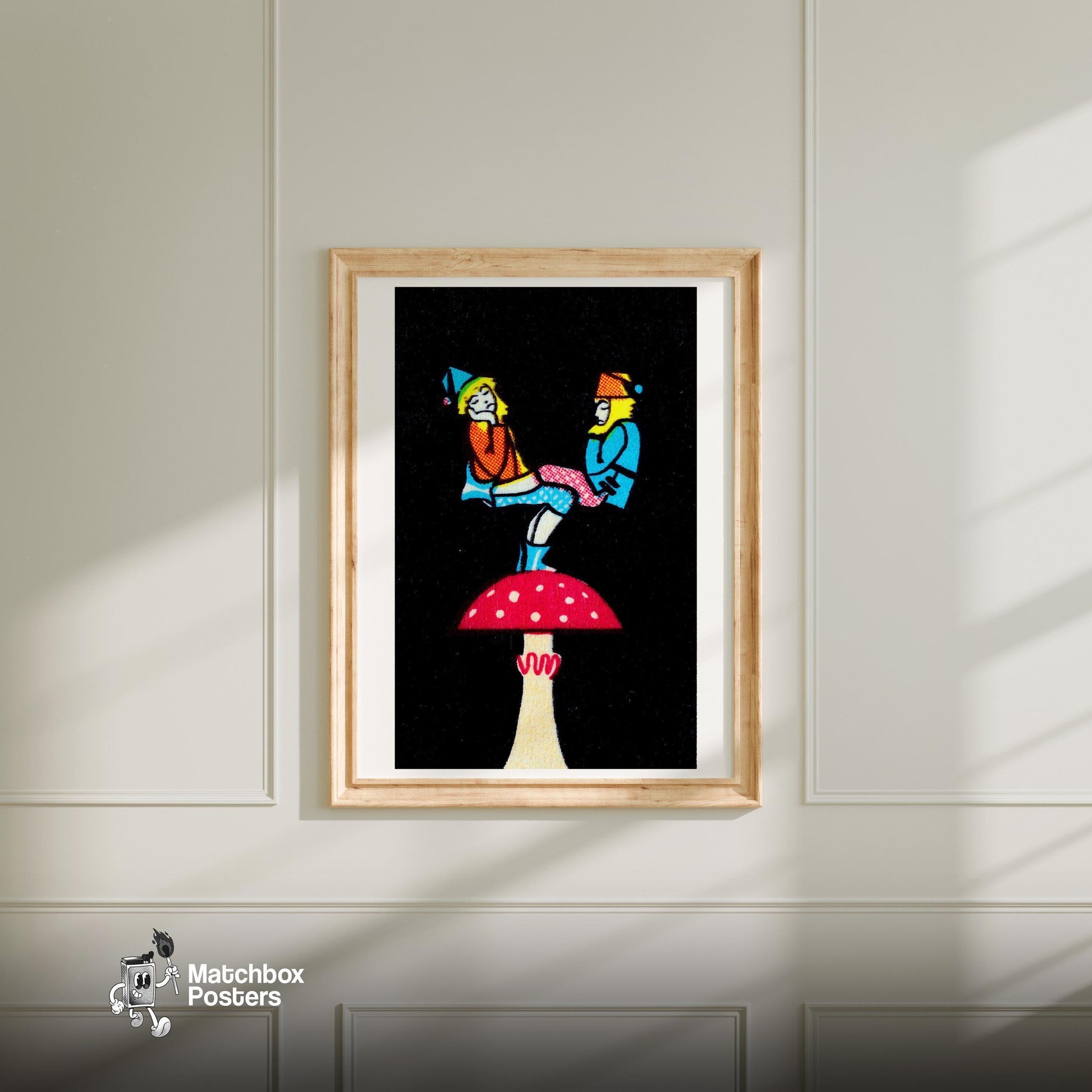 Balancing Gnomes - vintage matchbox label print - bedroom mockup