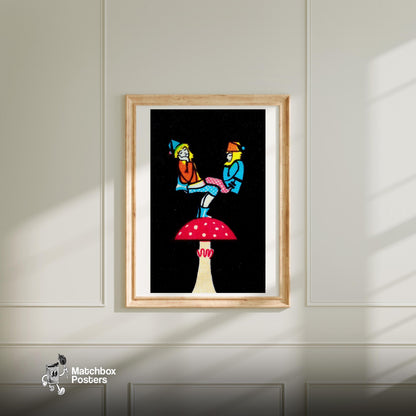 Balancing Gnomes - vintage matchbox label print - bedroom mockup