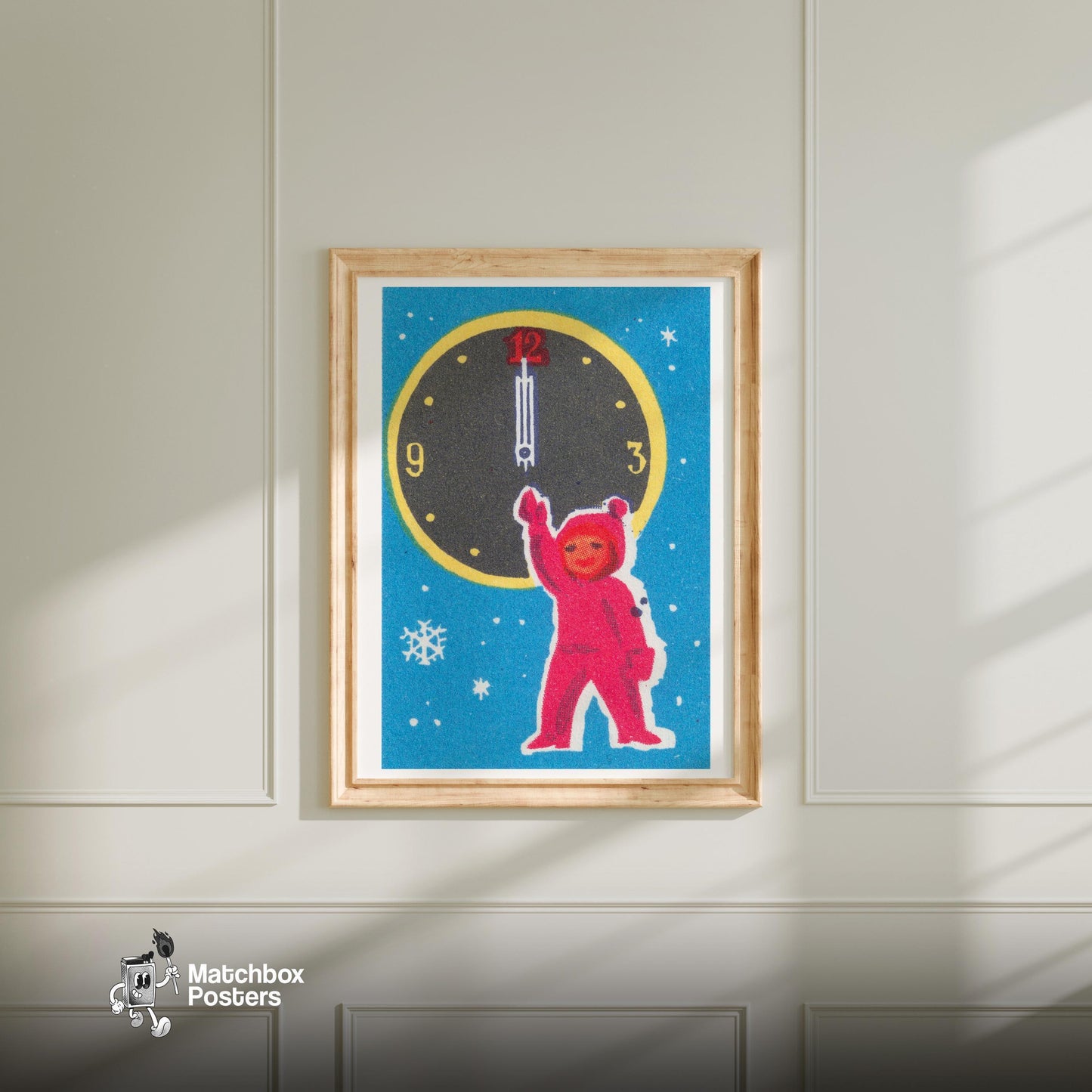 Child with Clock - vintage matchbox label print - bedroom mockup