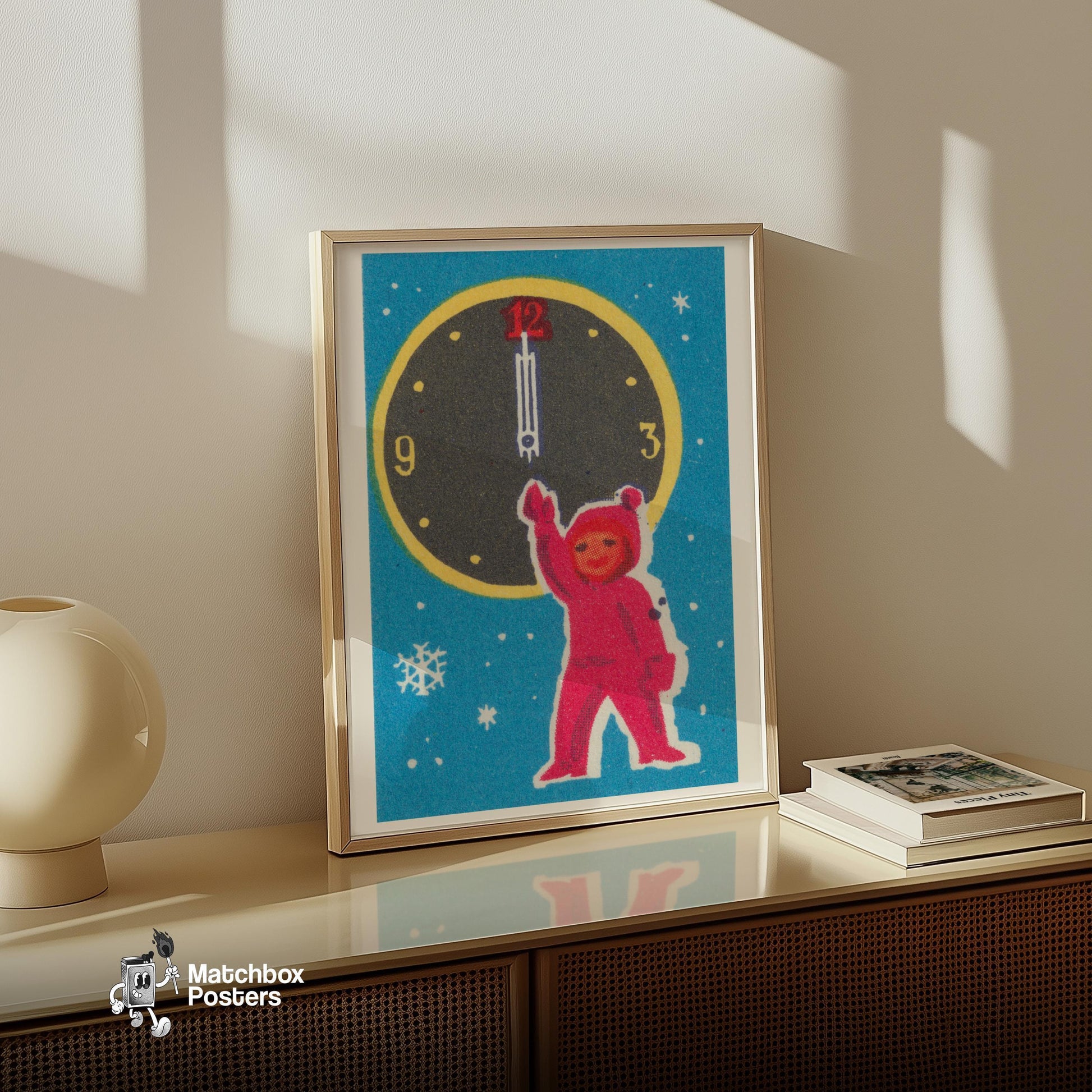 Child with Clock - vintage matchbox label print - size comparison