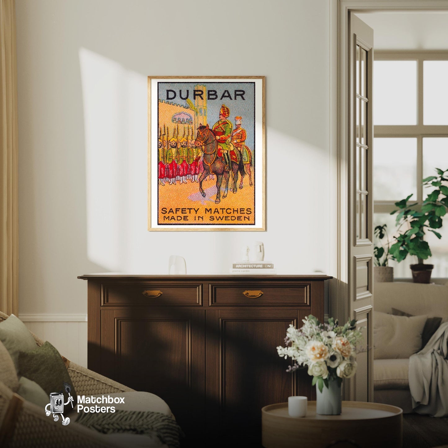 Soldier on Horseback - vintage matchbox label print - living room mockup