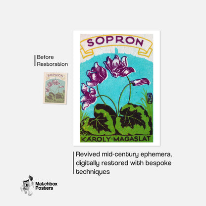 Purple Flowers - vintage matchbox label print - framed wall art preview