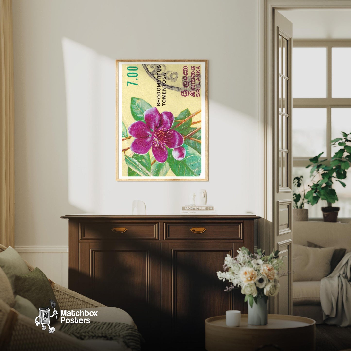 Purple Flower - vintage matchbox label print - living room mockup
