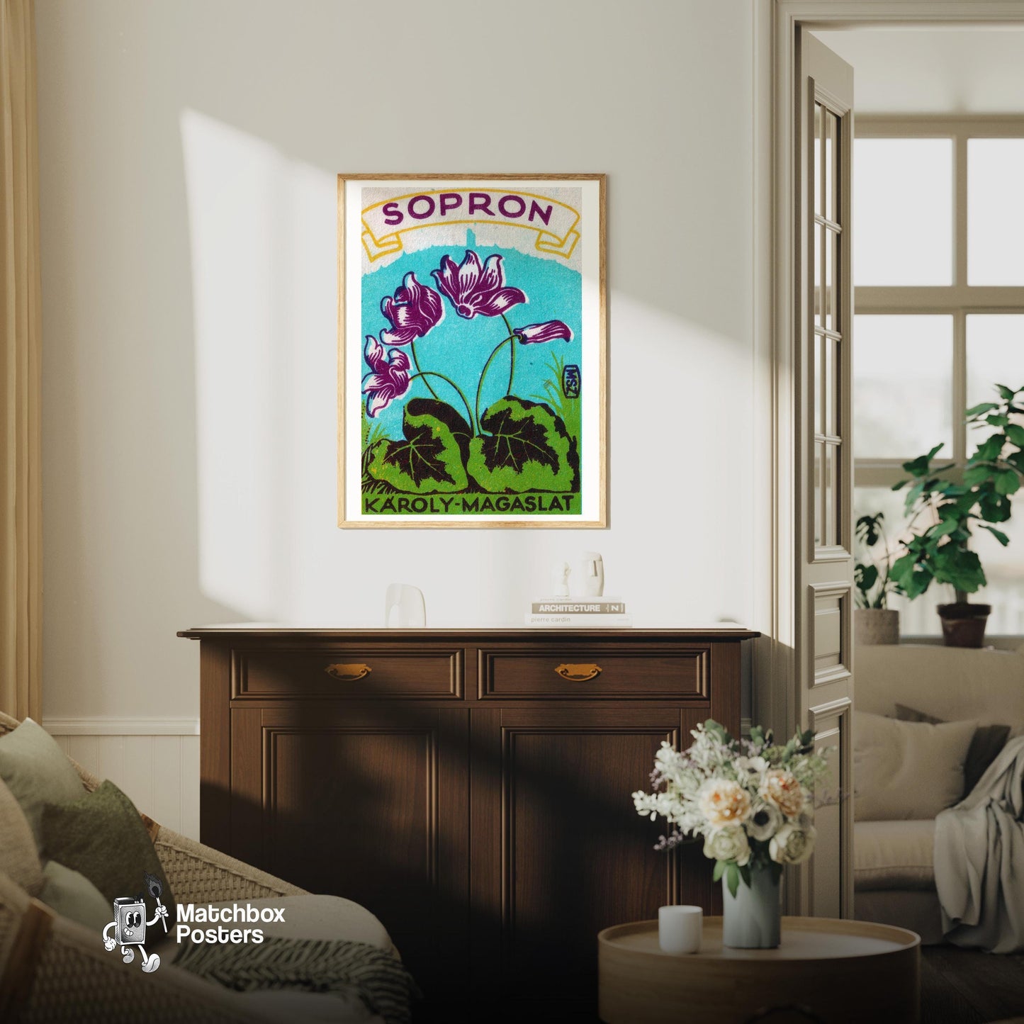 Purple Flowers - vintage matchbox label print - living room mockup
