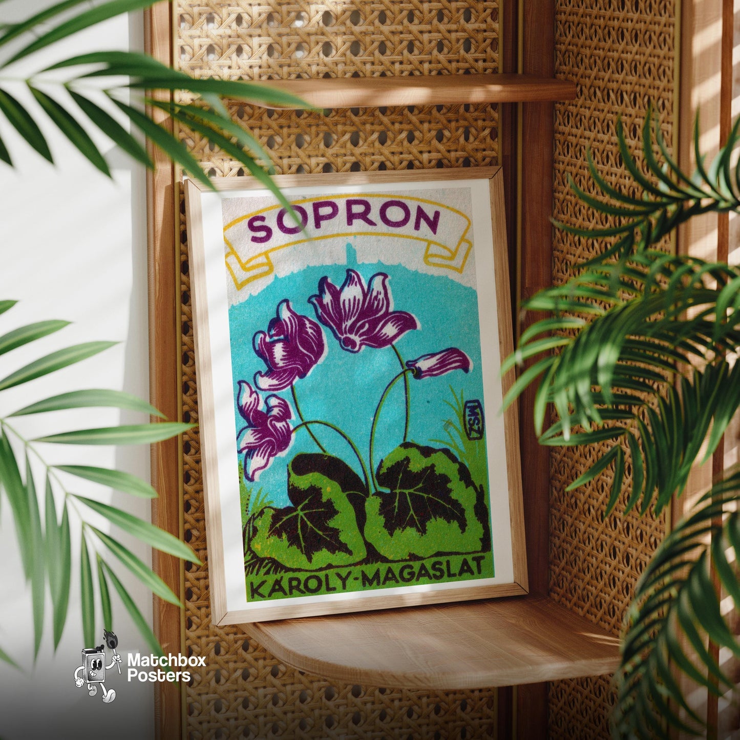 Purple Flowers - vintage matchbox label print - office wall