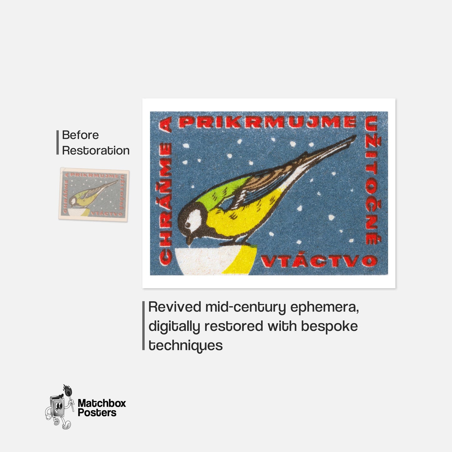 Snowy Bird - vintage matchbox label print - framed wall art preview
