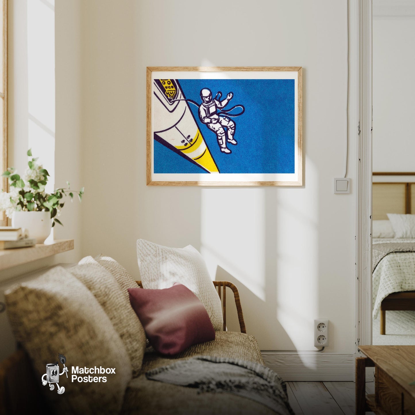 Cosmonaut - vintage matchbox label print - living room mockup