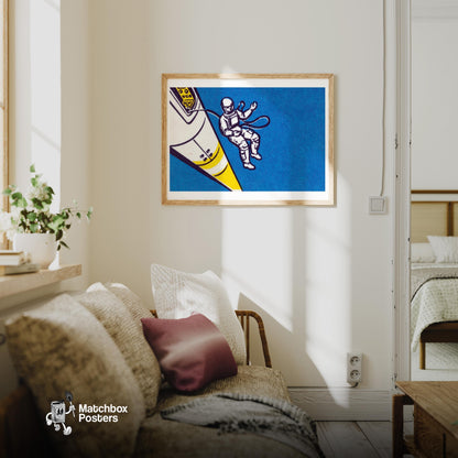 Cosmonaut - vintage matchbox label print - living room mockup