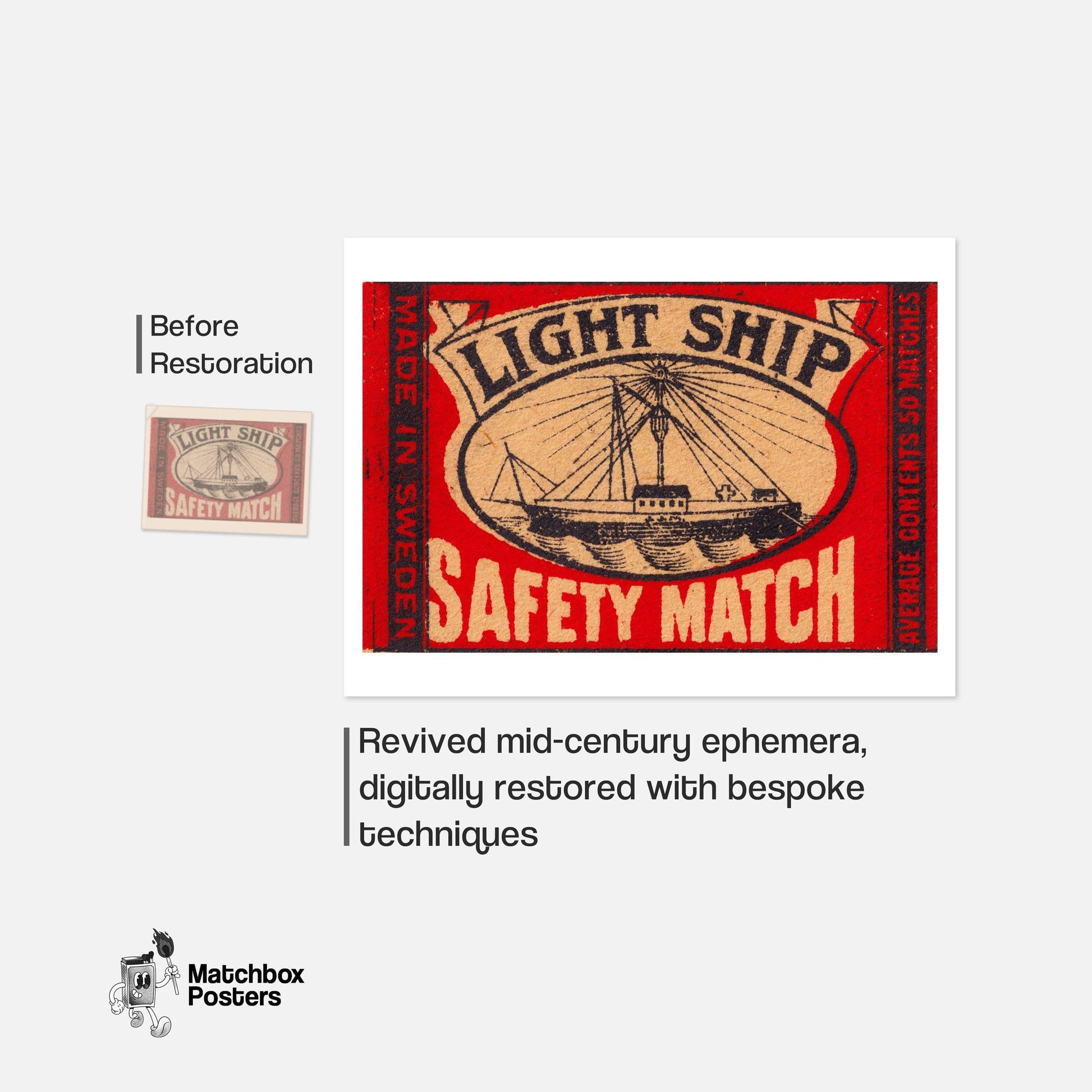 Light Ship - vintage matchbox label print - framed wall art preview