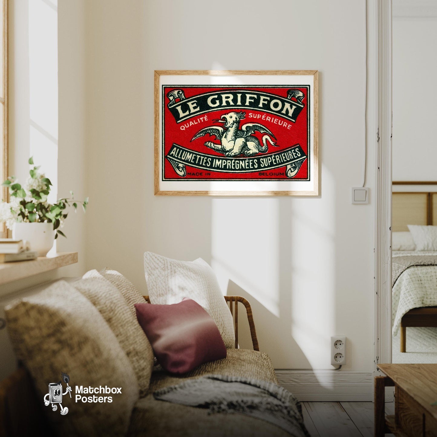 Griffon - vintage matchbox label print - living room mockup