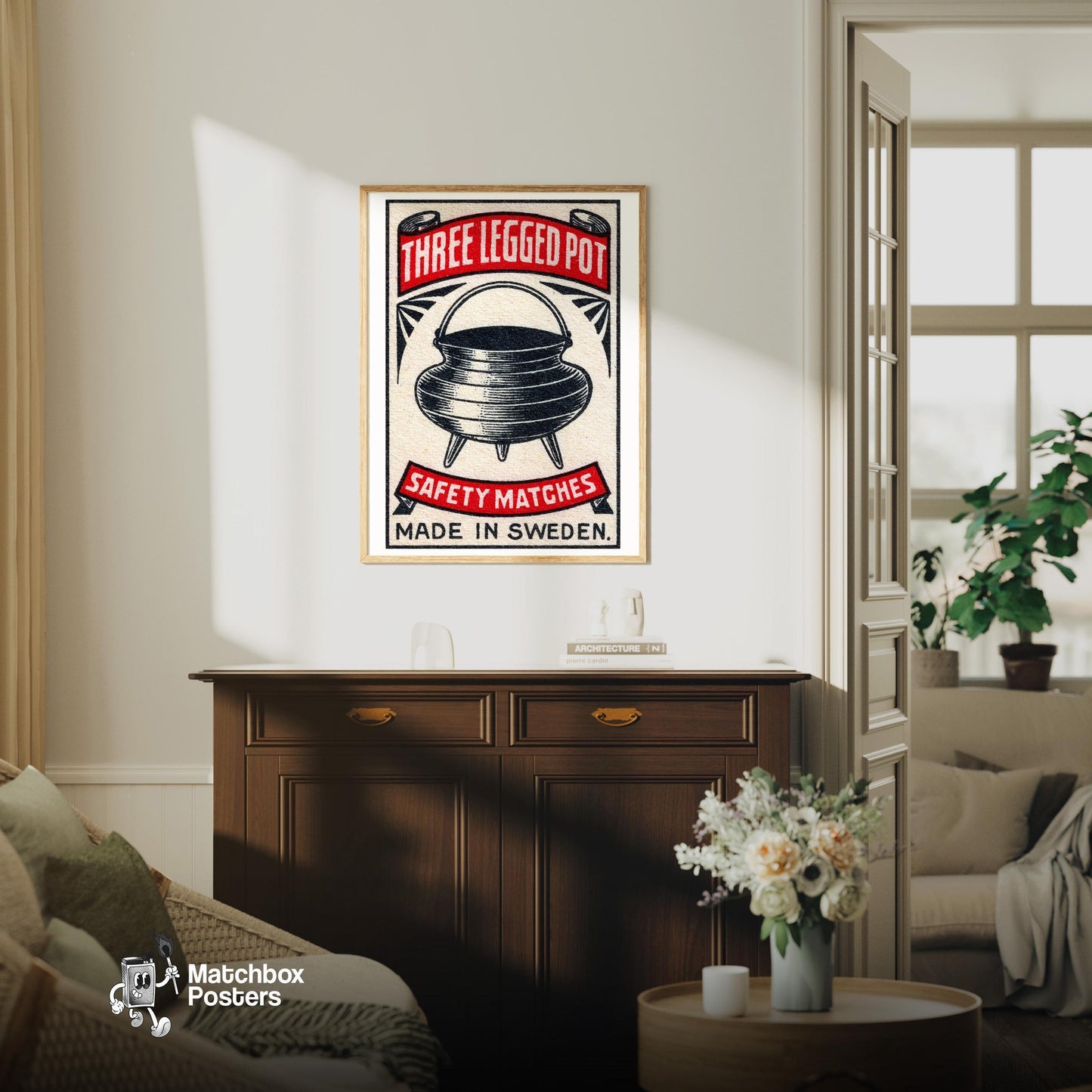 Three-Legged Pot - vintage matchbox label print - living room mockup