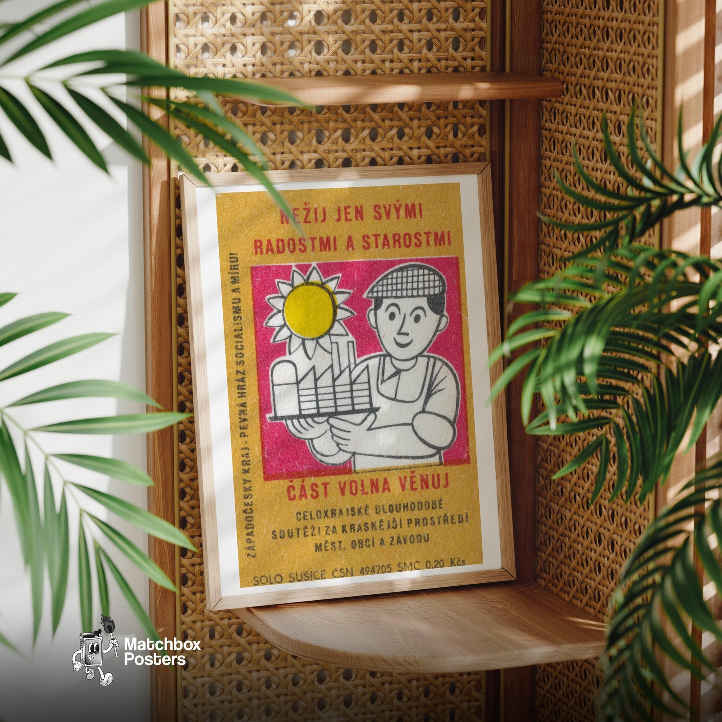 Smiling Worker - vintage matchbox label print - office wall