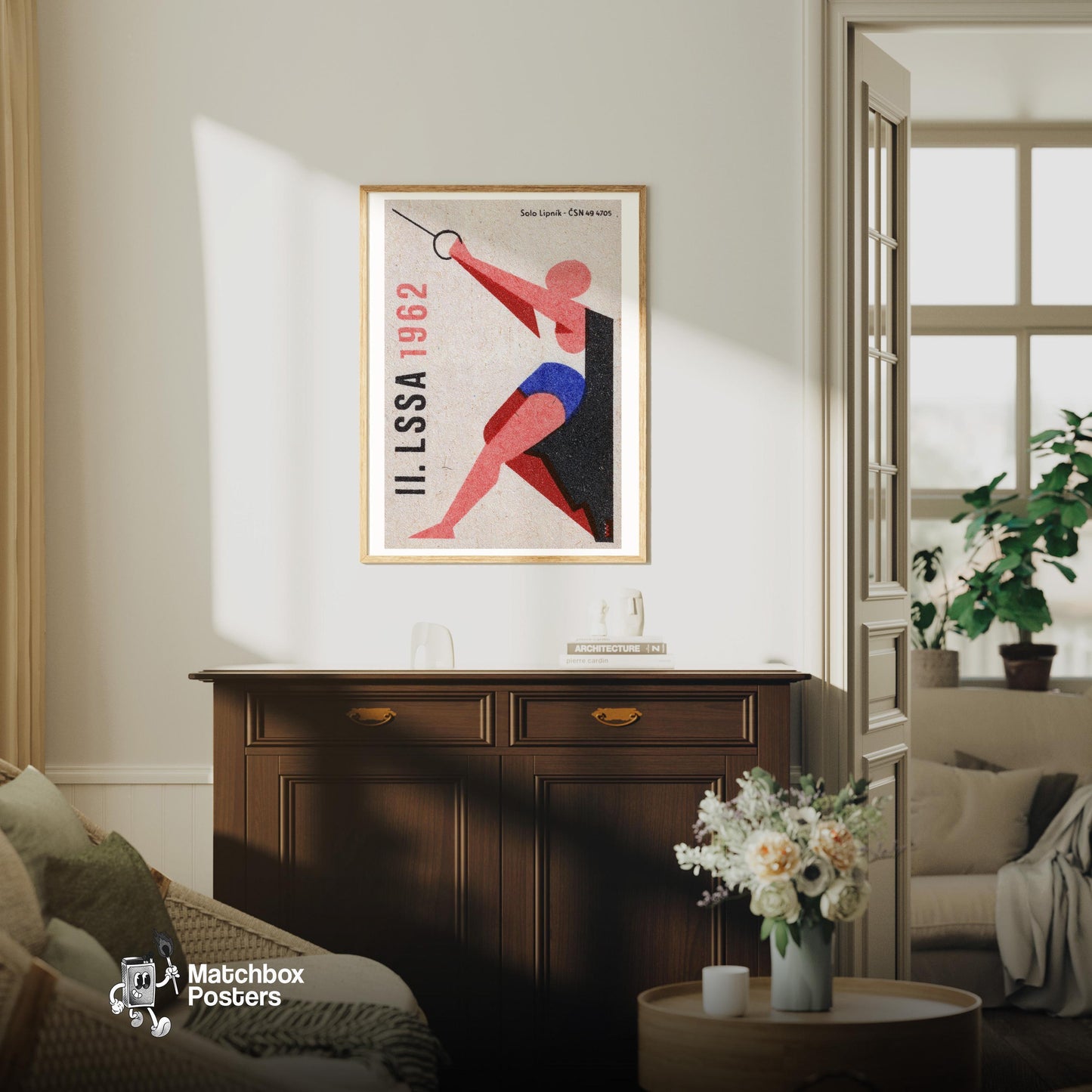 Fencer - vintage matchbox label print - living room mockup