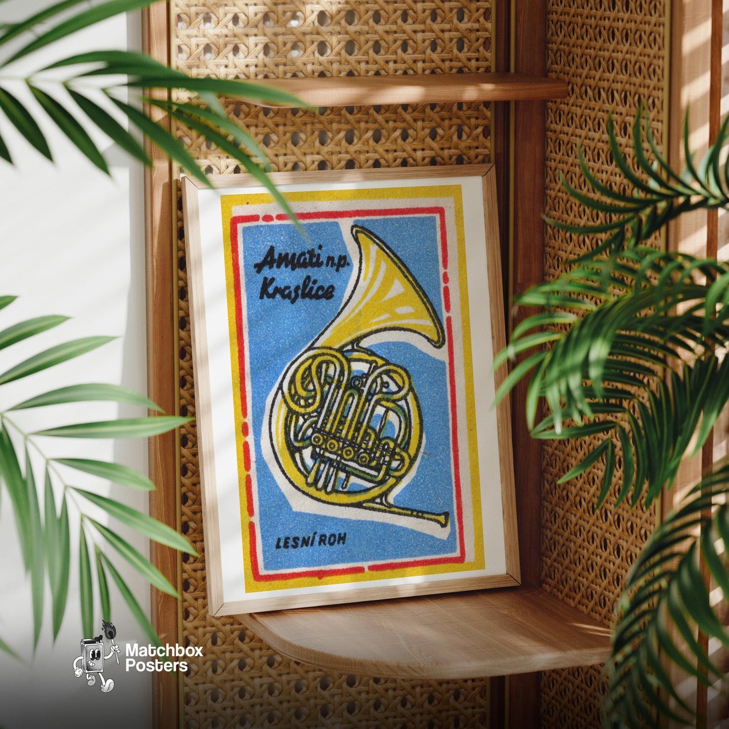 French Horn - vintage matchbox label print - office wall