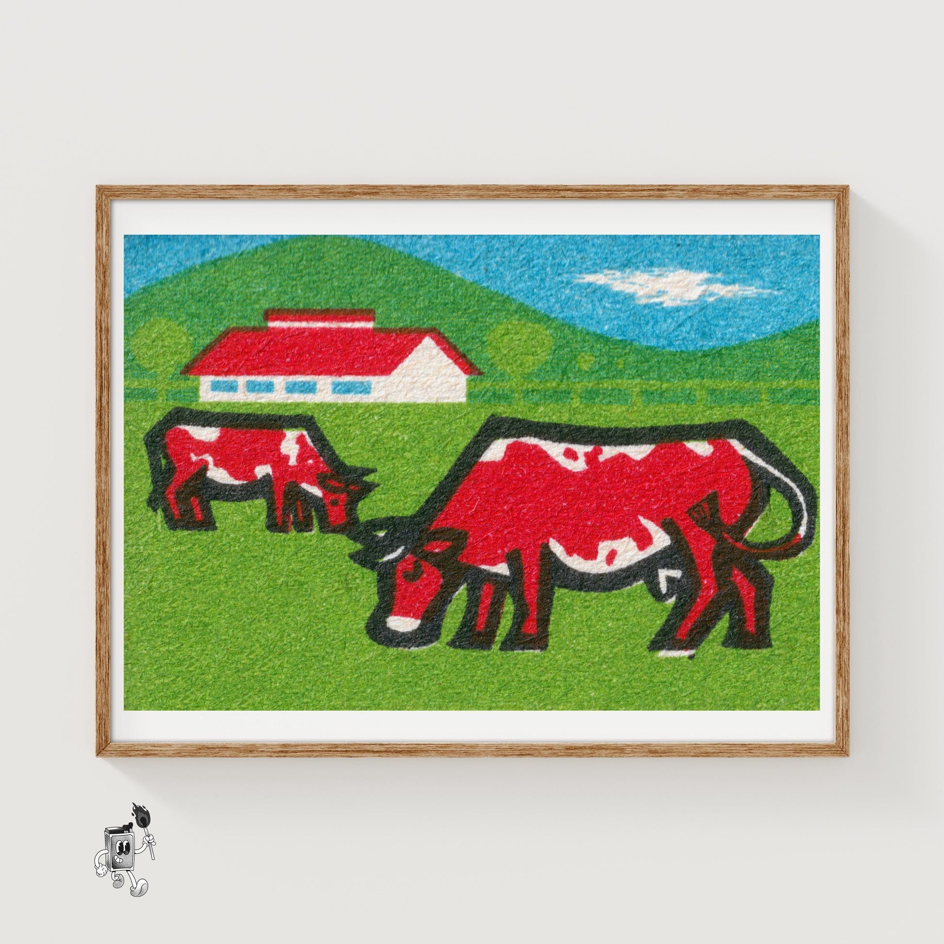 Two Red Cows Grazing - vintage matchbox label print