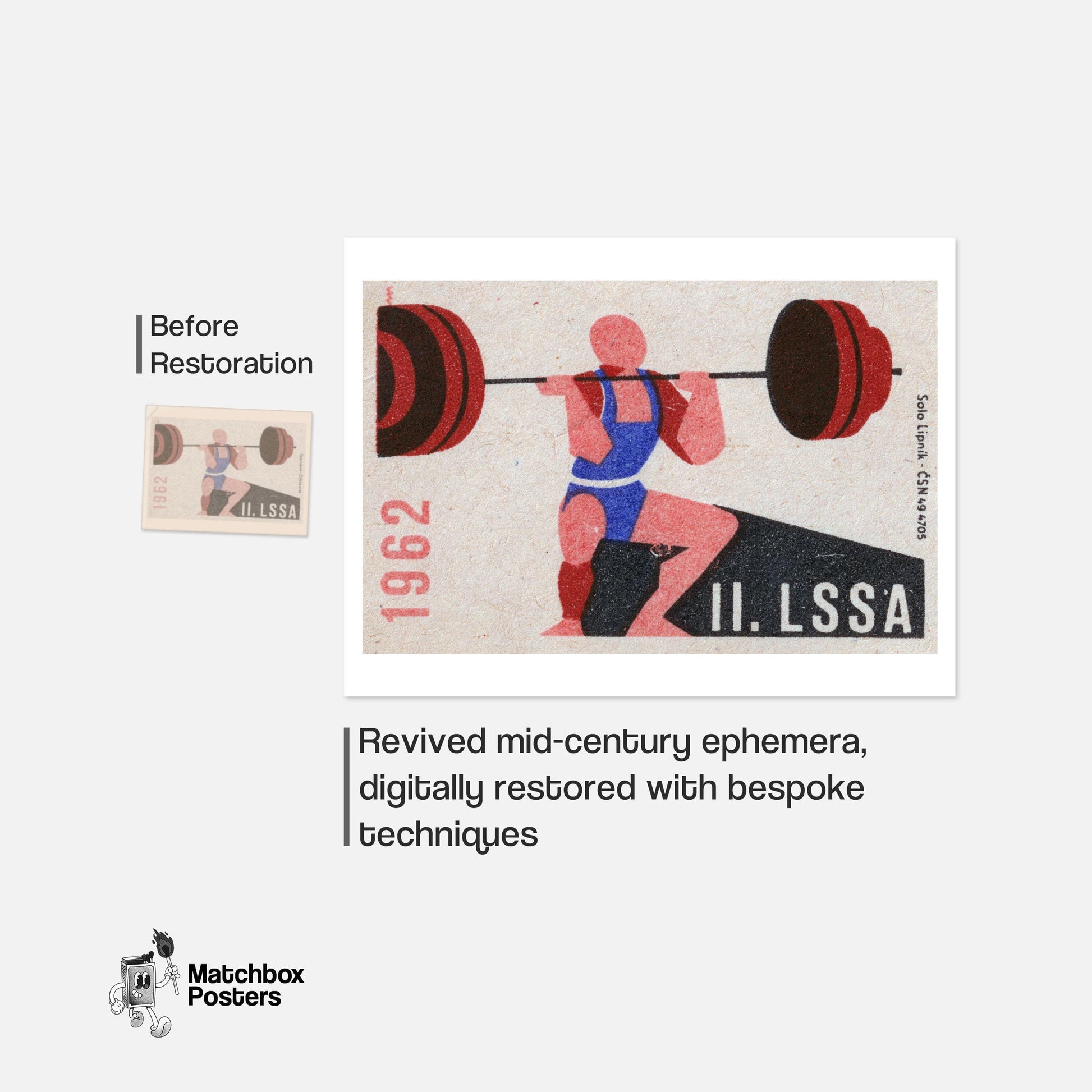 Weightlifter - vintage matchbox label print - framed wall art preview