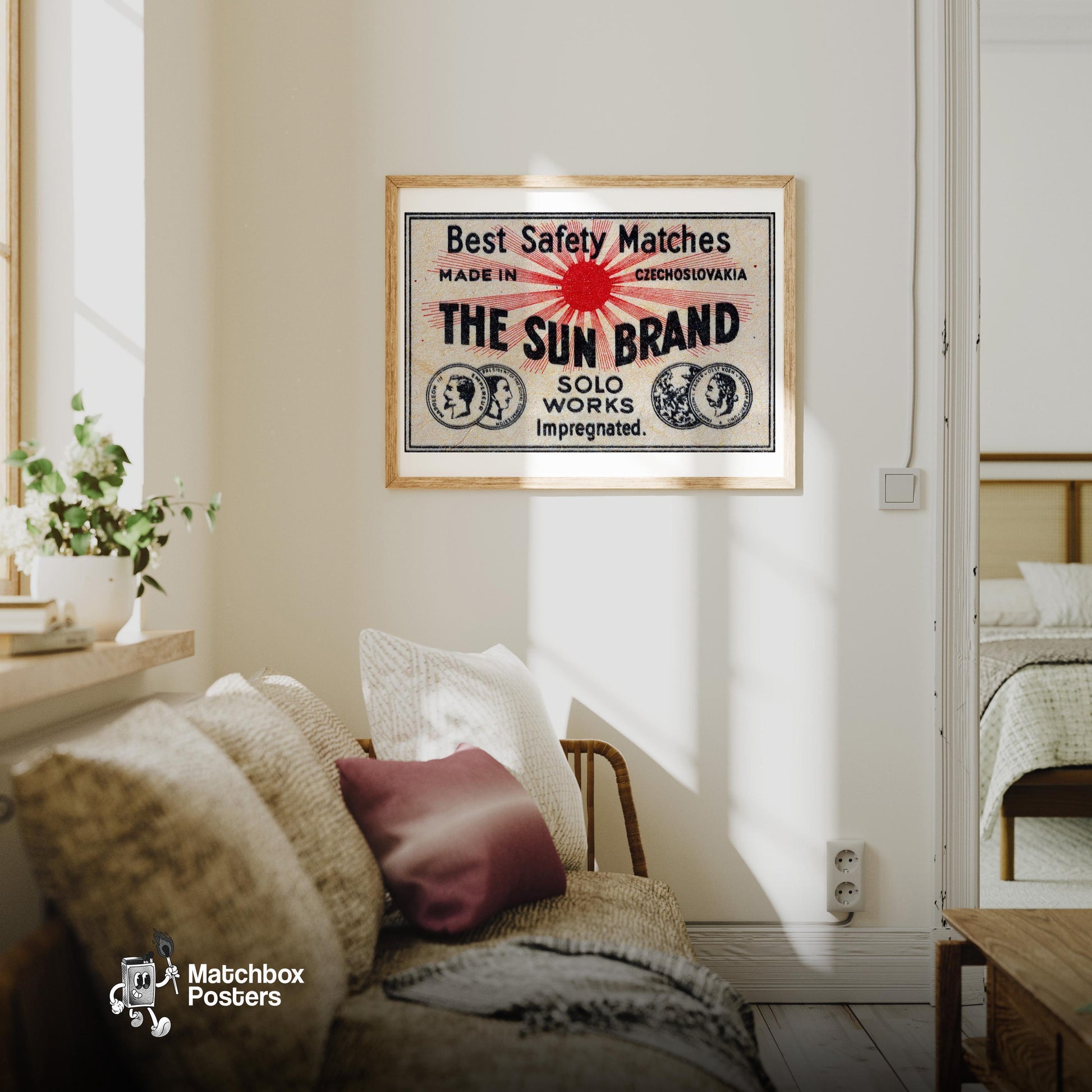 The Sun Brand - vintage matchbox label print - living room mockup