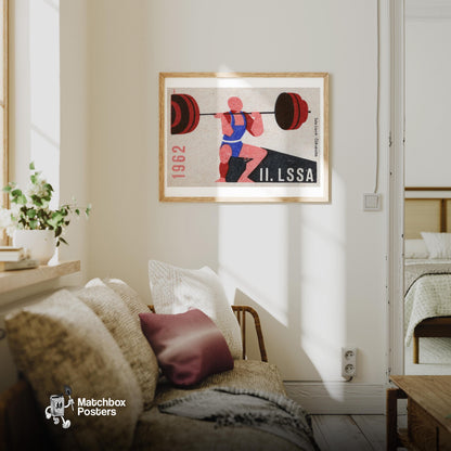 Weightlifter - vintage matchbox label print - living room mockup