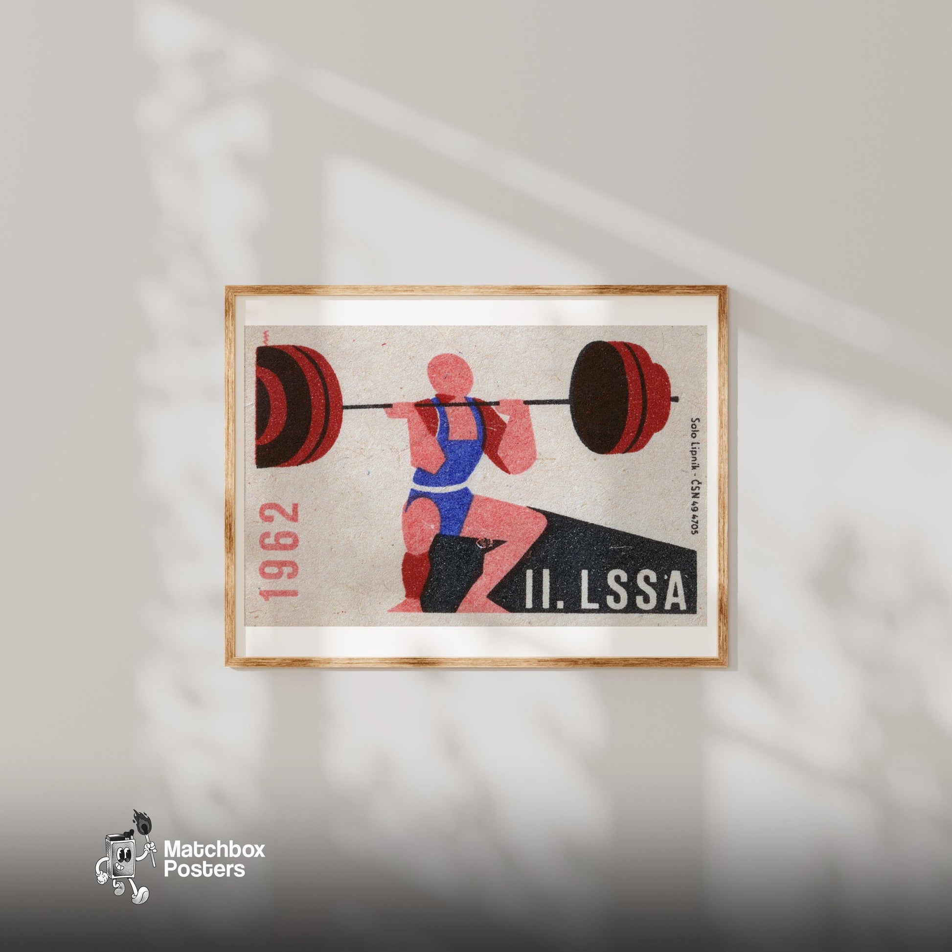Weightlifter - vintage matchbox label print - bedroom mockup