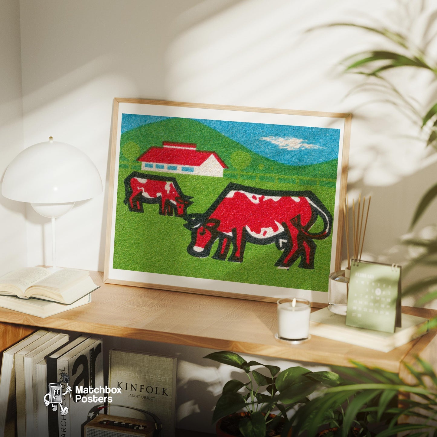 Two Red Cows Grazing - vintage matchbox label print - office wall