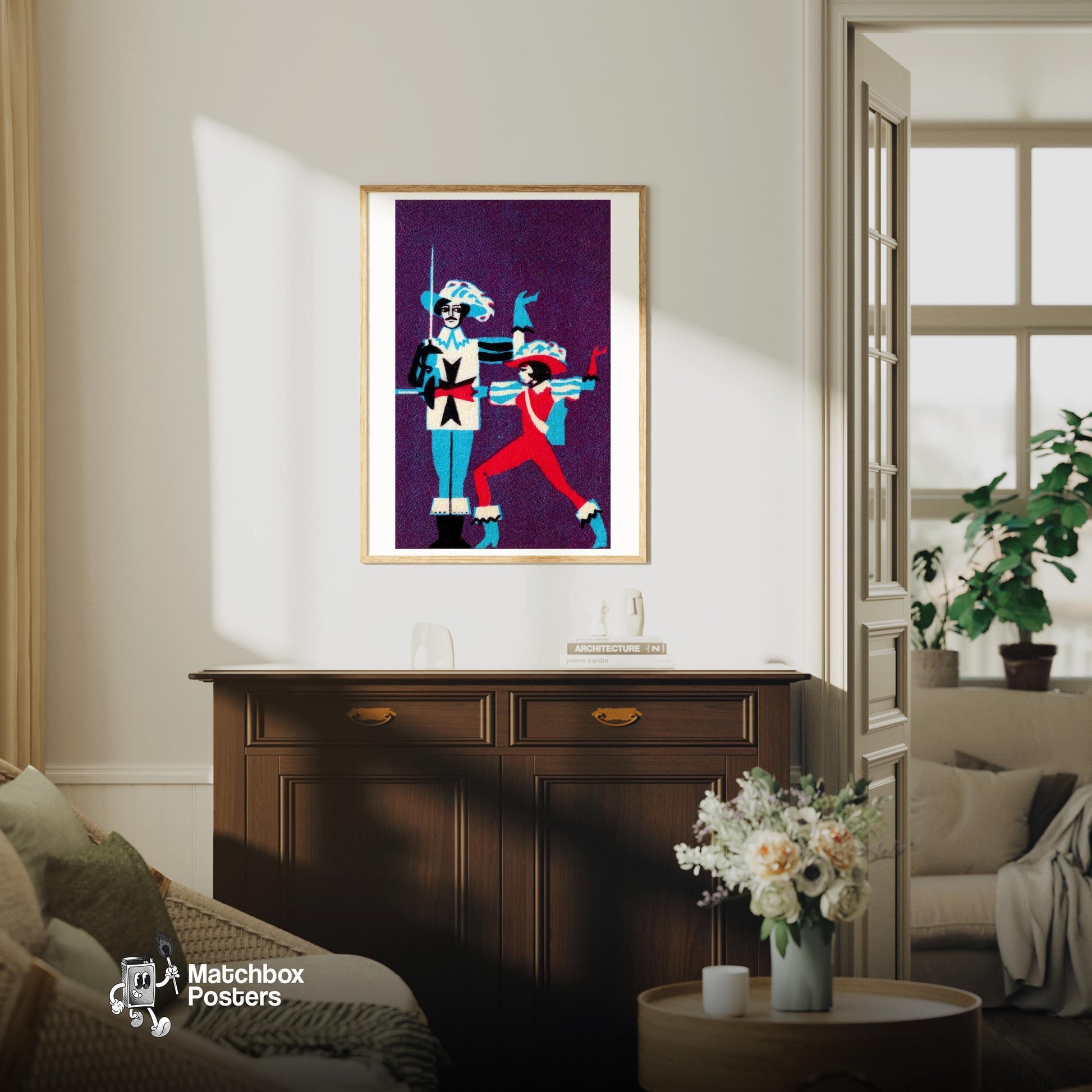 Musketeers - vintage matchbox label print - living room mockup