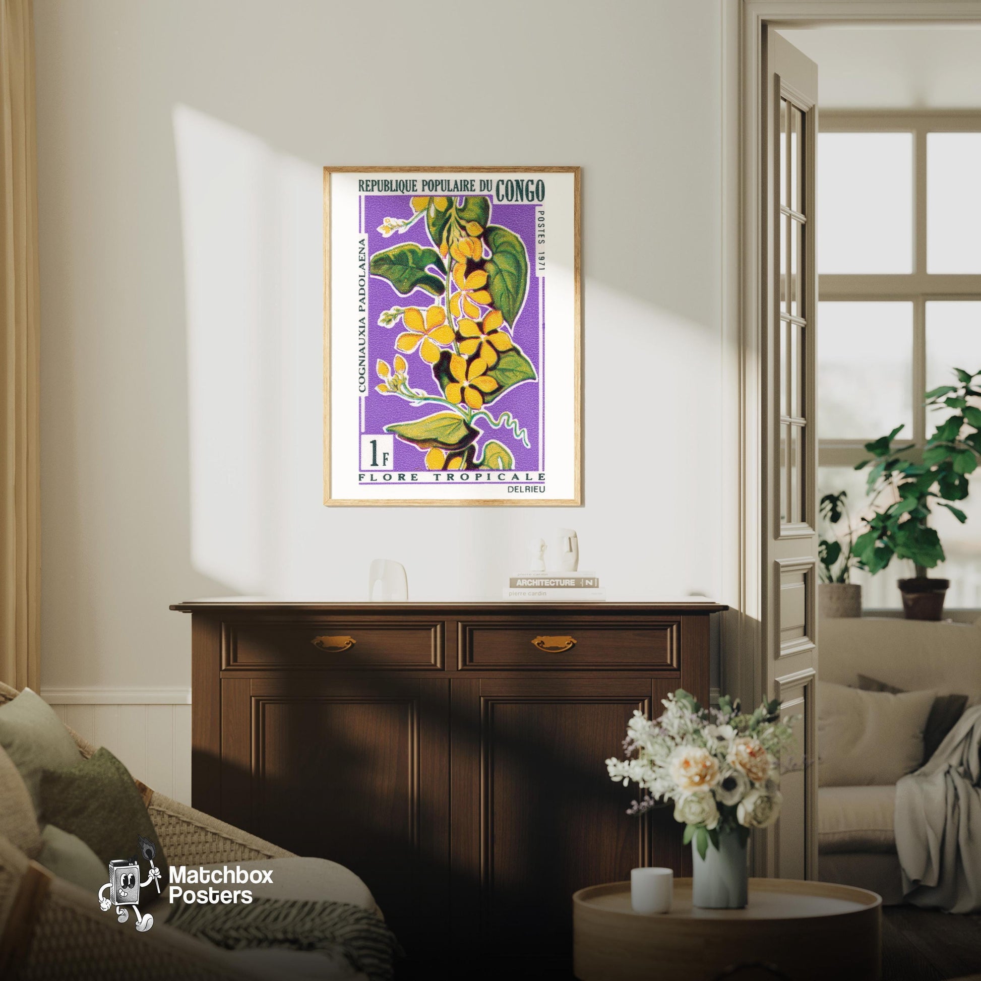 Yellow Flower - vintage matchbox label print - living room mockup