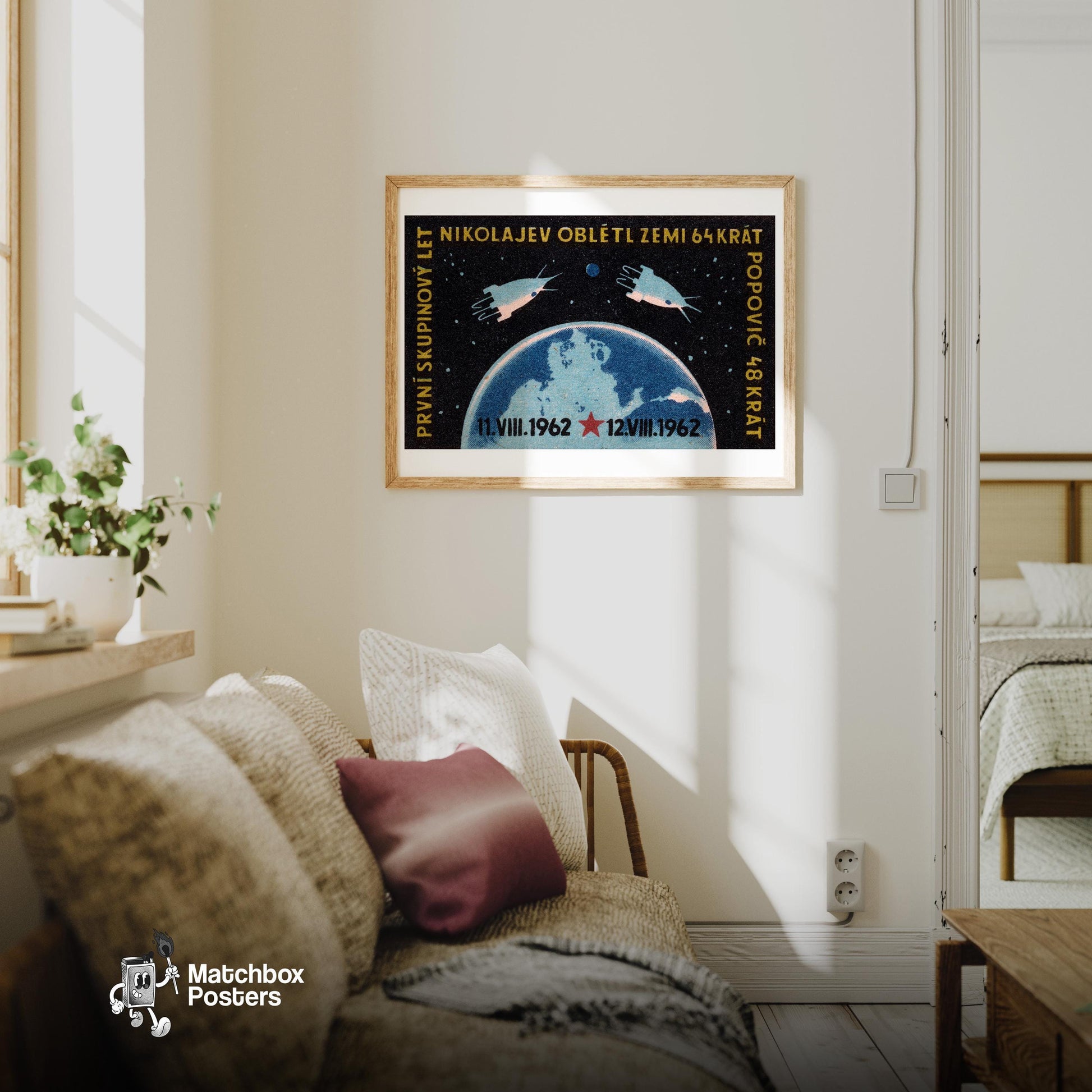 Spacecraft Orbiting Earth - vintage matchbox label print - living room mockup