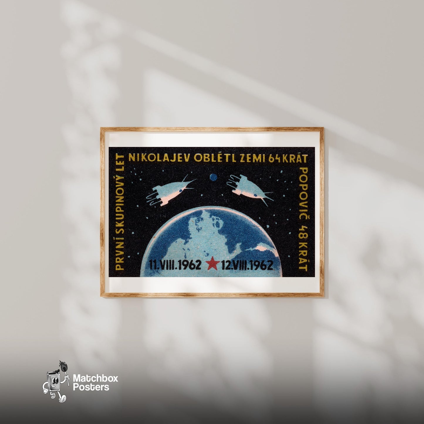 Spacecraft Orbiting Earth - vintage matchbox label print - bedroom mockup