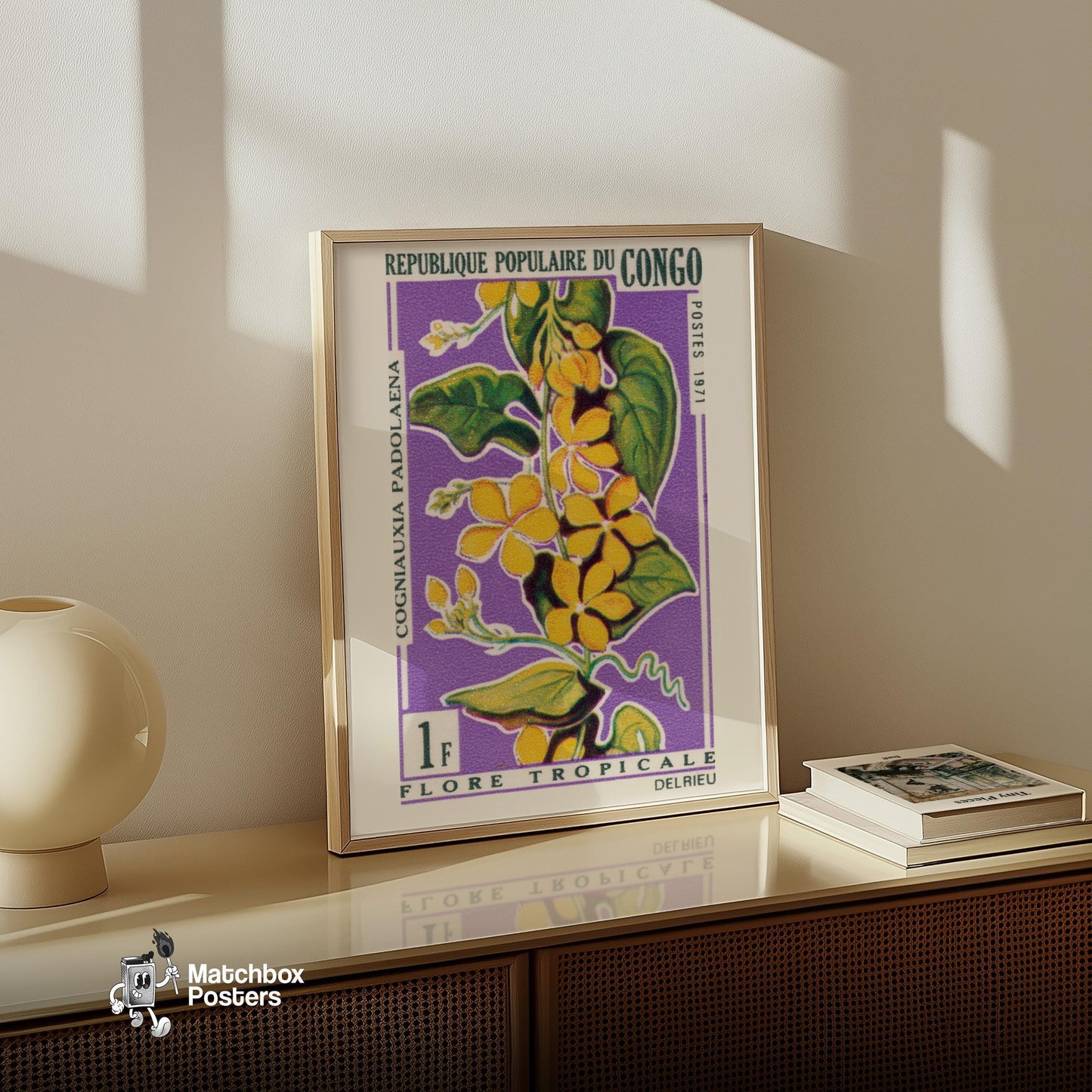 Yellow Flower - vintage matchbox label print - size comparison