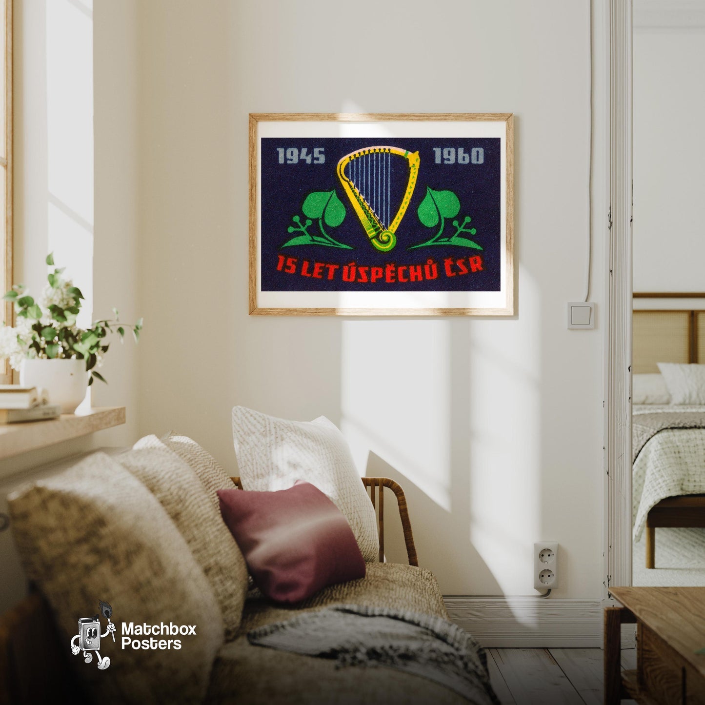 Golden Harp - vintage matchbox label print - living room mockup