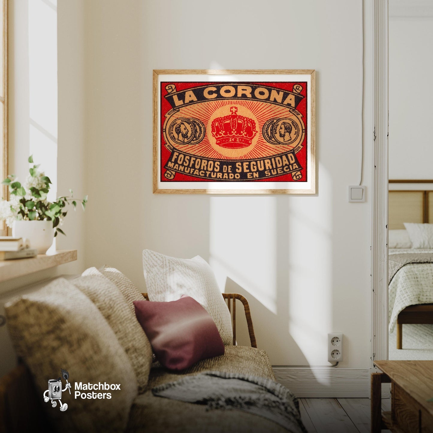 La Corona - vintage matchbox label print - living room mockup