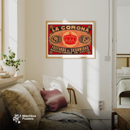 La Corona - vintage matchbox label print - living room mockup