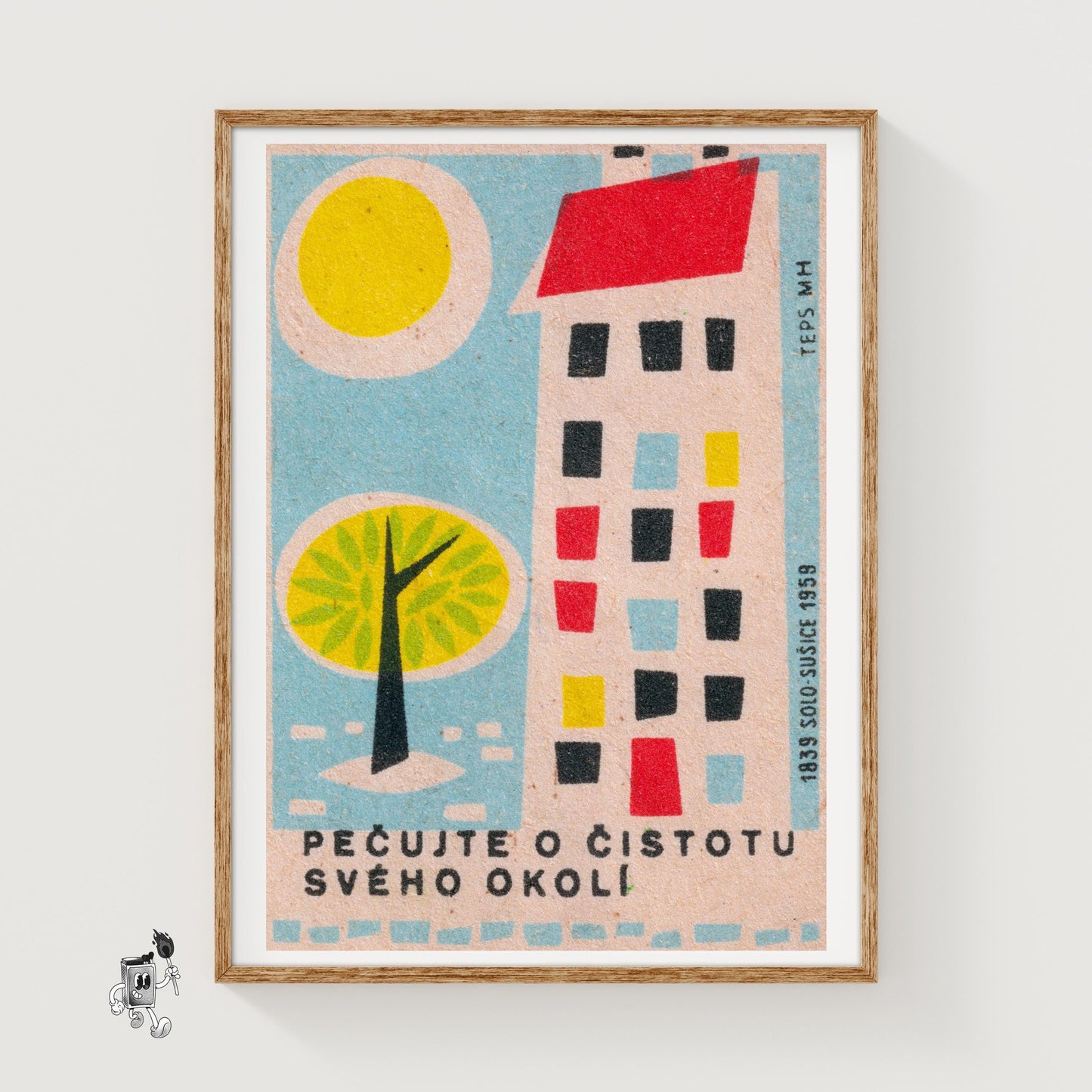 Geometric Tree and Building - vintage matchbox label print