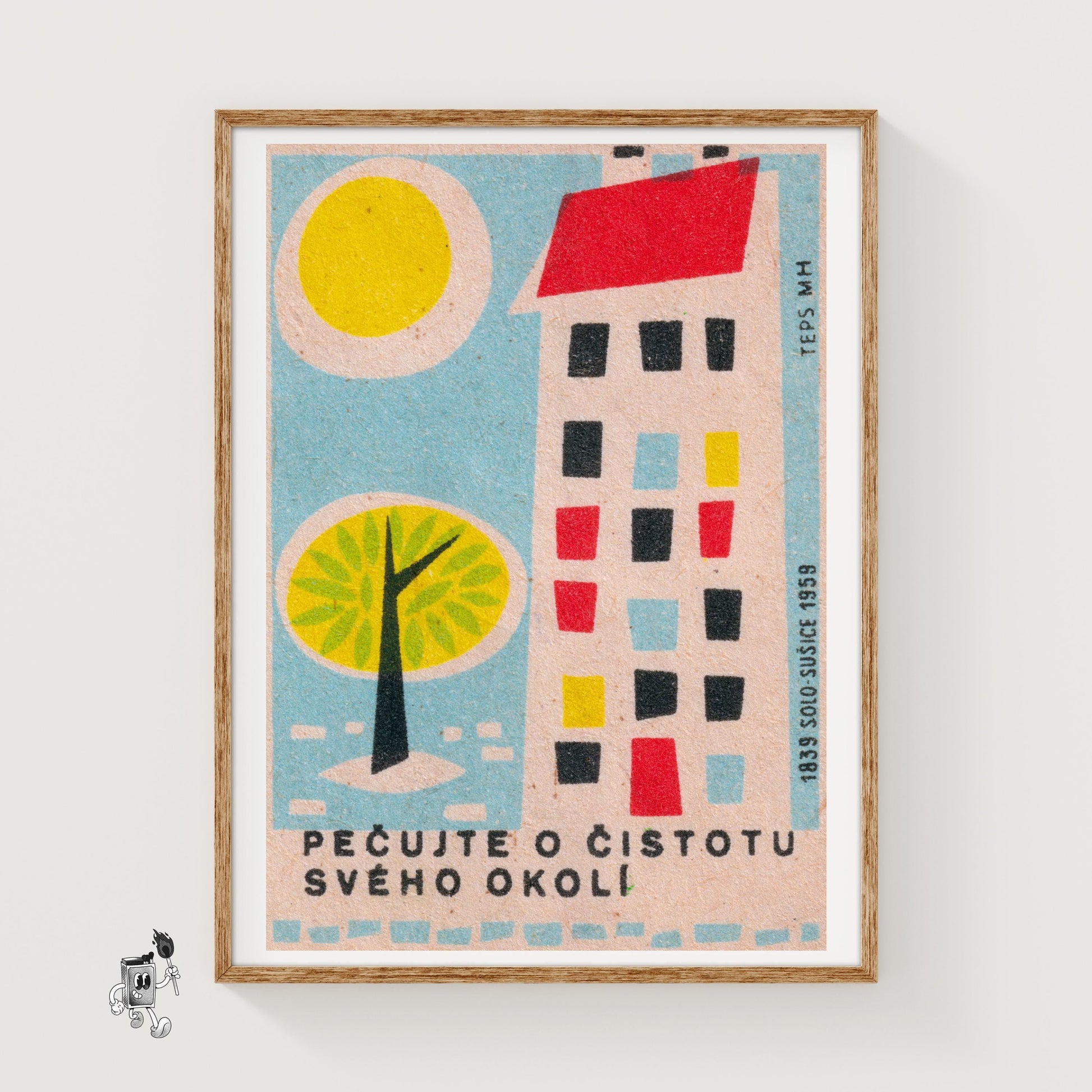 Geometric Tree and Building - vintage matchbox label print