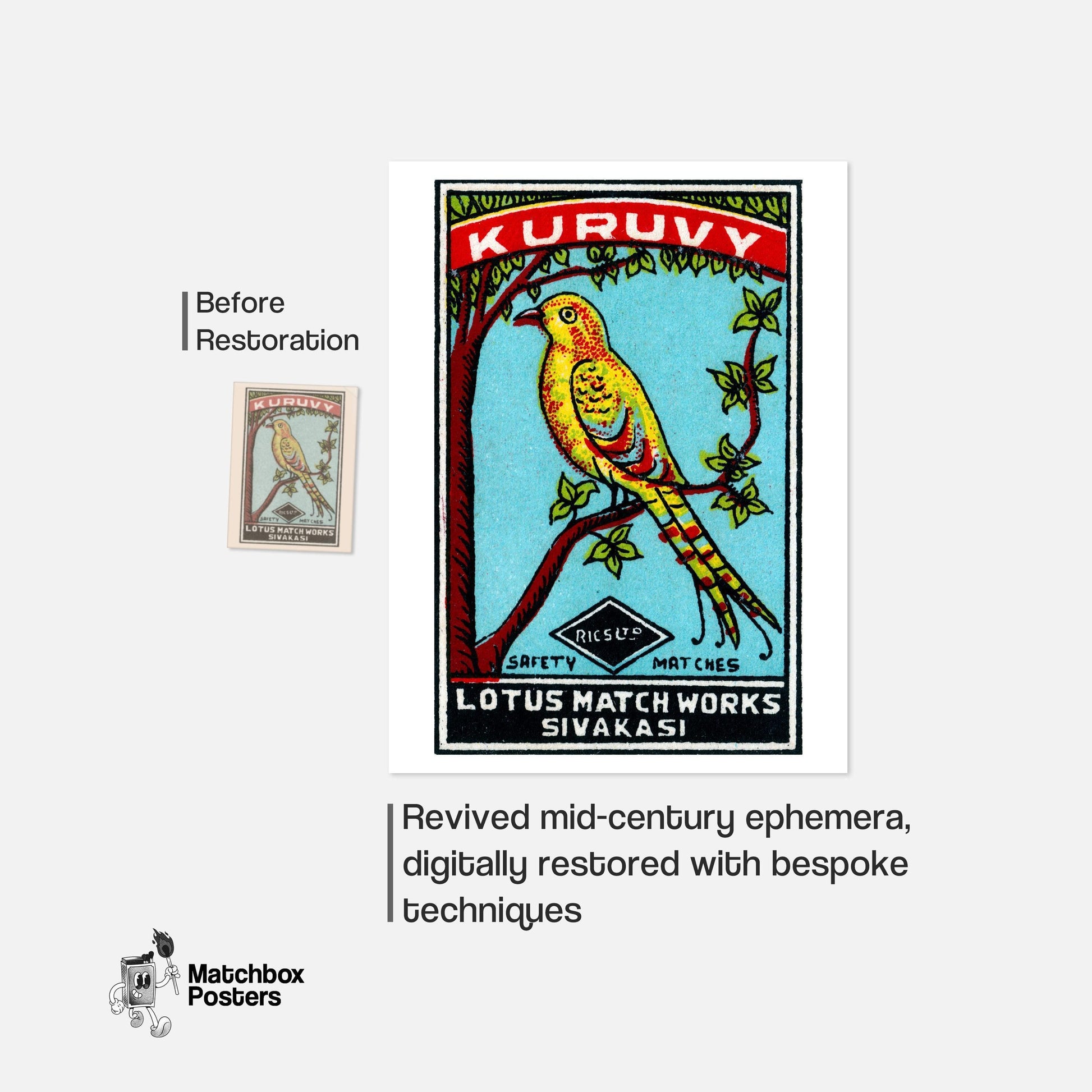 Yellow Bird - vintage matchbox label print - framed wall art preview